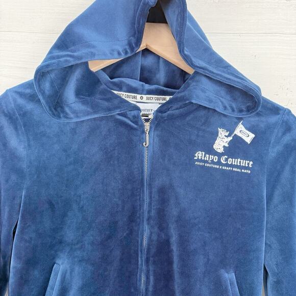 Juicy Couture x Kraft Real Mayo S Collab Velour Hoodie Blue Y2K NO Drawstring - Picture 3 of 16